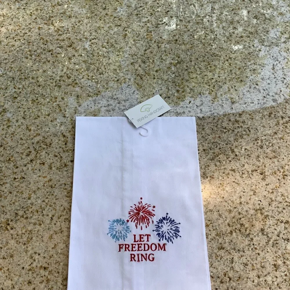 Let Freedom Ring White Cotton Embroidered Towel Red, White & Blue NWT